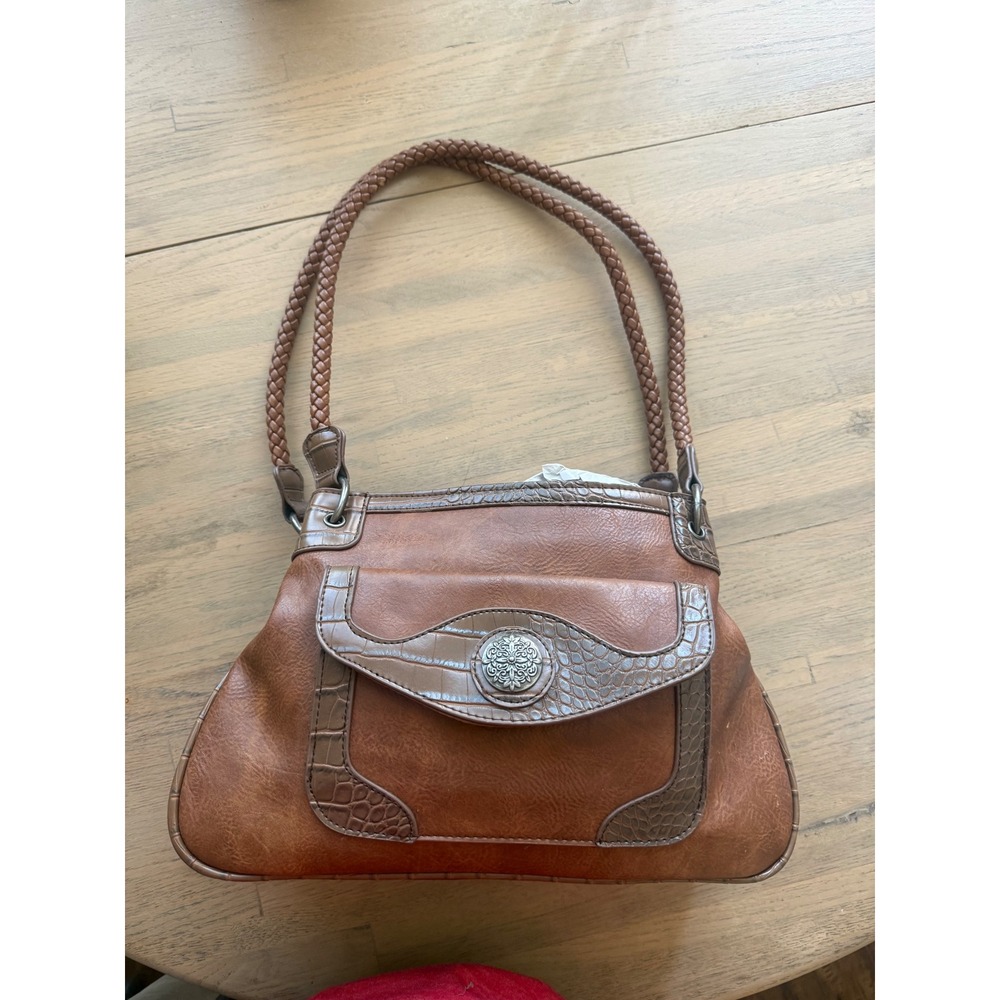 Bueno Brown Faux Leather Shoulder Bag Croc Trim Braided Straps Western Medallion